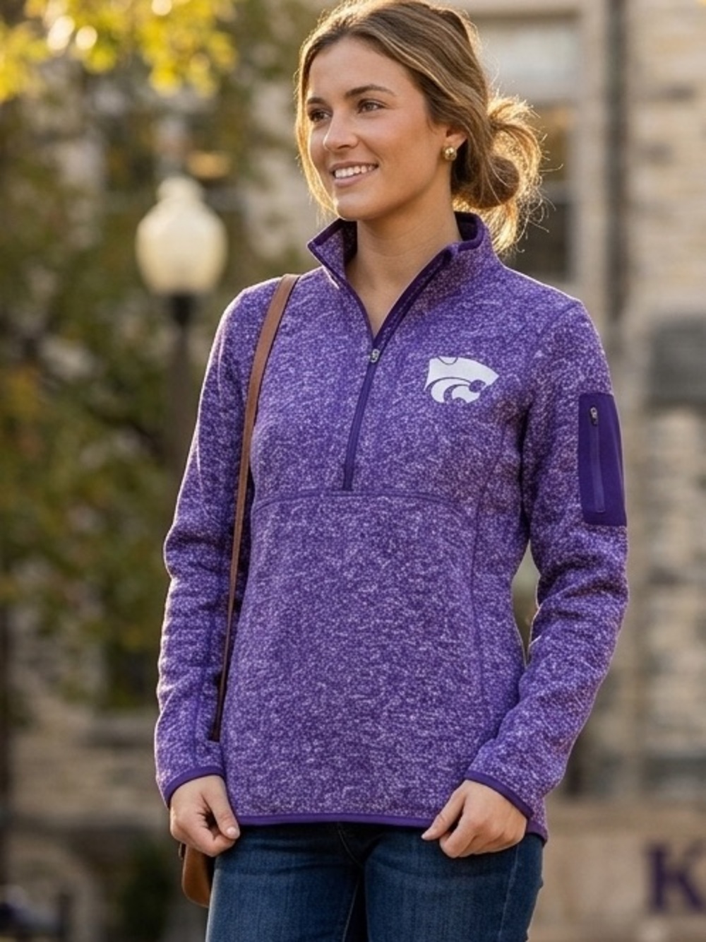 K-State Purple Half-Zip Pullover Sweater with Powercat Chest Logo, Size Small